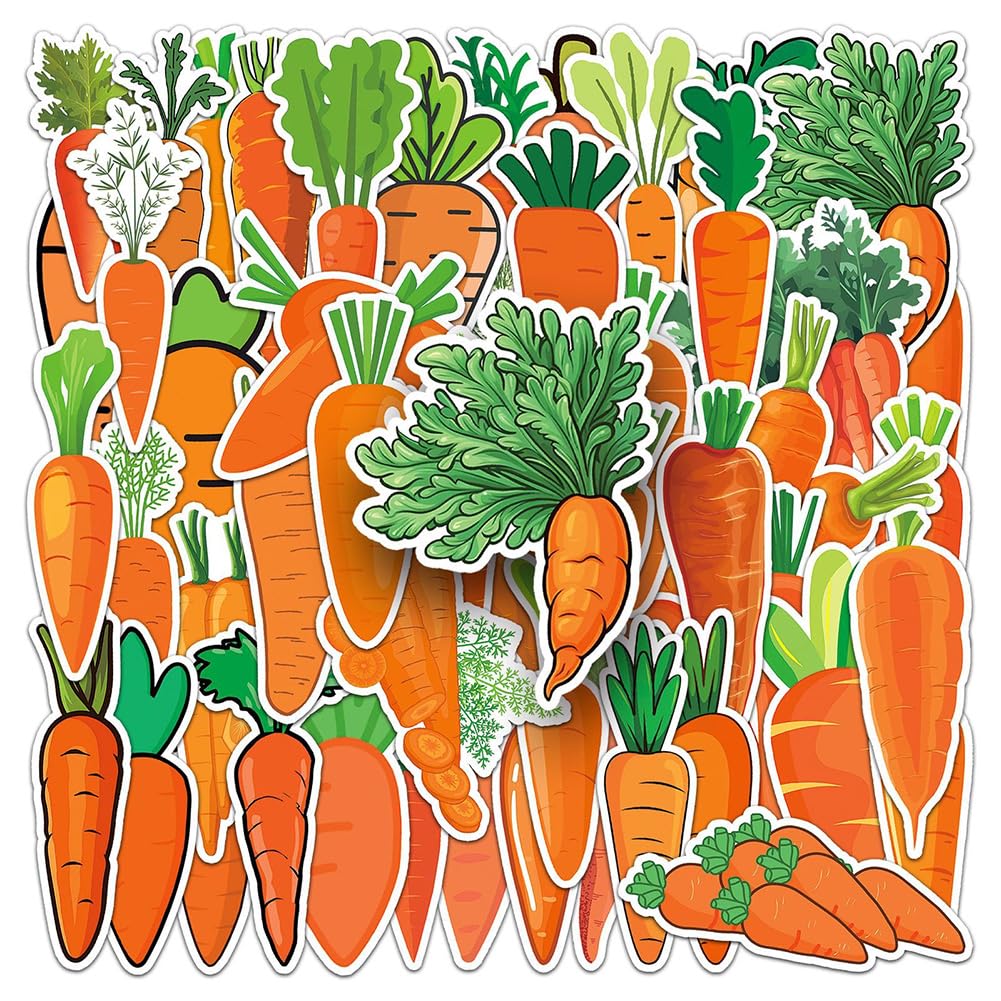 50Pcs Carrot Stickers Waterproof Vinyl Decals for Adult Teen Kids Cup Water Bottles Laptop Luggage Computer Mobile Phone Guitar Skateboard Decoration