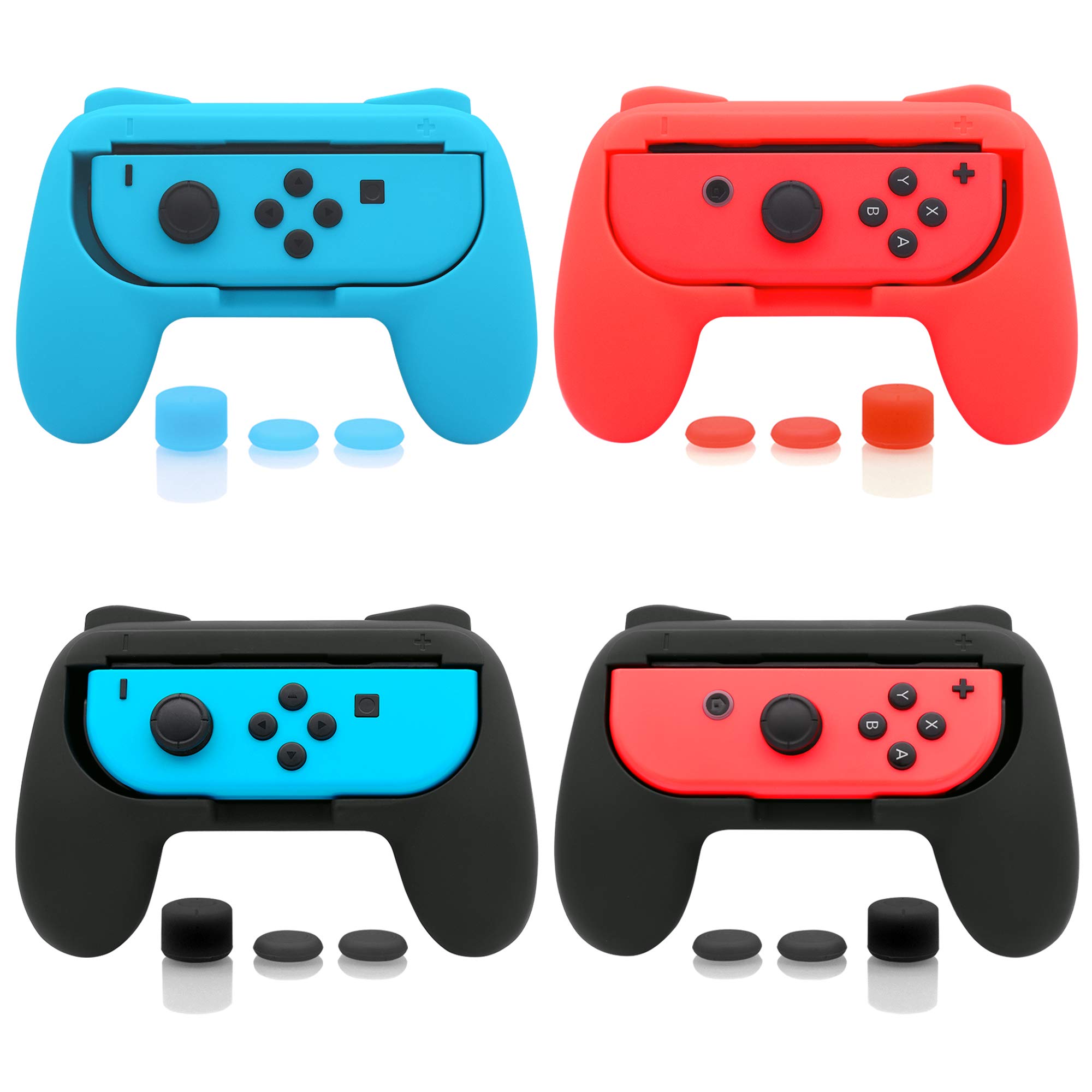 FASTSNAIL Lot de 4 Poignées Compatible avec Nintendo Switch&OLED, Grip Compatible avec JoyCon Interrupteur avec 12 Capuchons de Préhension pour Pouce(Noir, Bleu et Rouge)