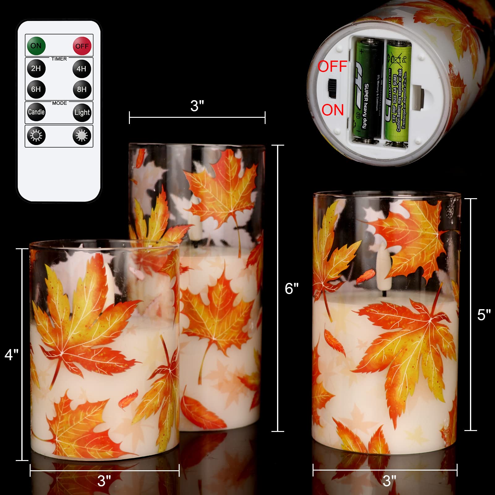 Eldnacele Candele a LED in vetro a forma di foglia d'acero, tremolanti con telecomando, senza fiamma, a batteria, tremolanti, per la decorazione della casa e delle decorazioni autunnali (7,6 x 10,14 x