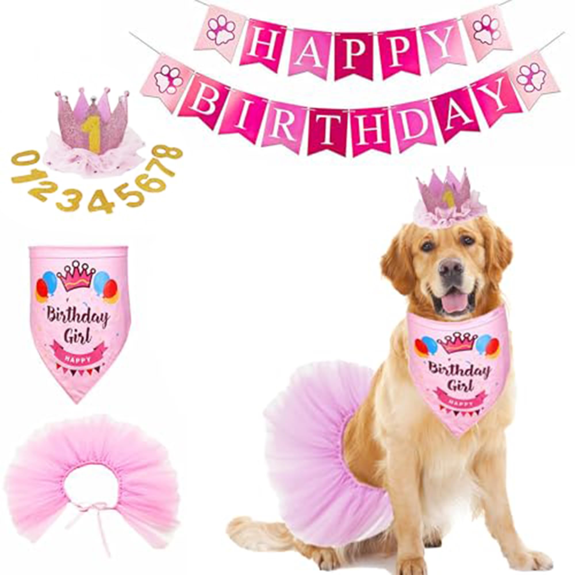 ADOGGYGO Dog Birthday Hat Bandana Girl - Pet Birthday Party Supplies - Pink Dog Tutu Hat Scarf Banner Set for Extra Large Dogs (X-Large)