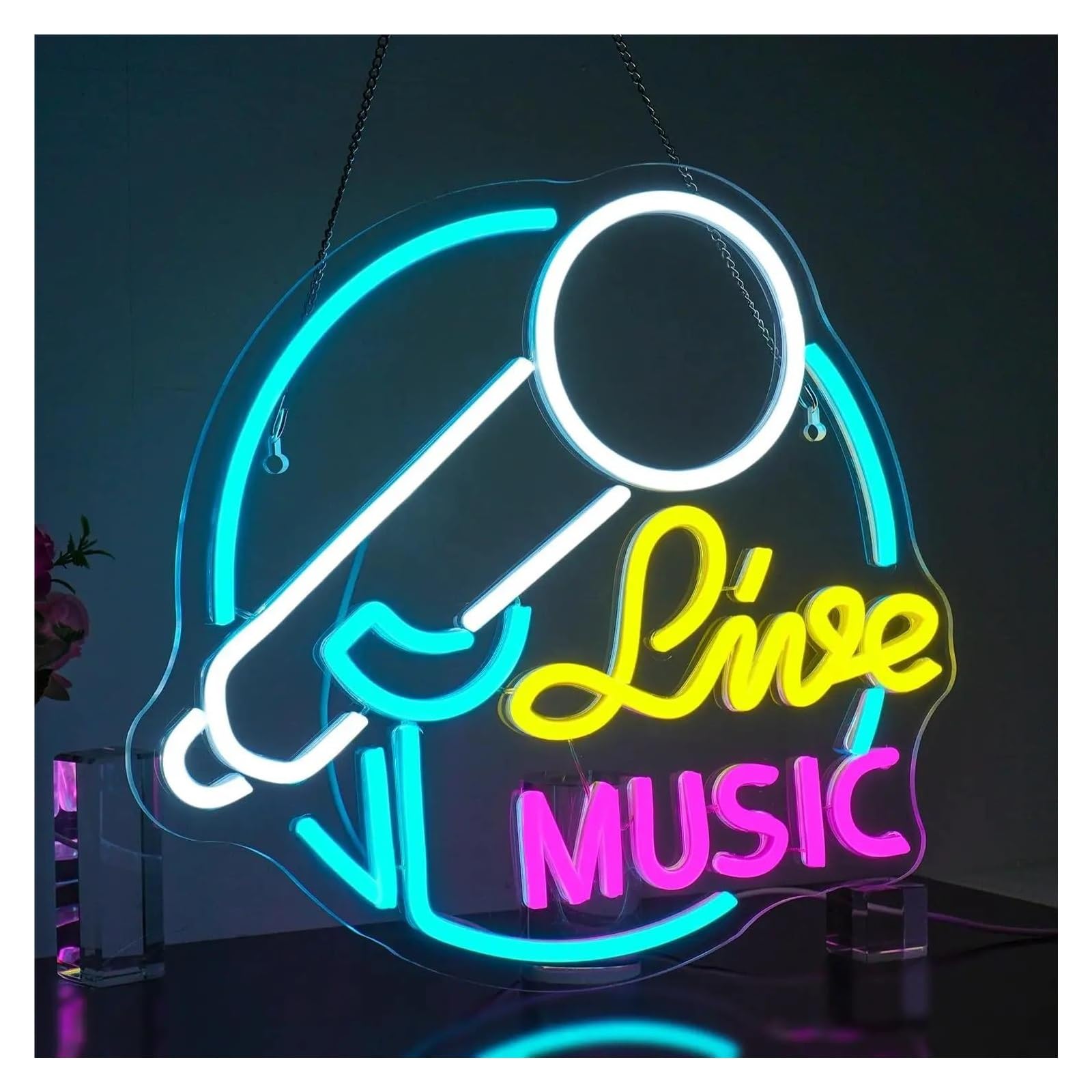 Luci al Neon Da Parete Microfono Con Insegna Al Neon Per Musica Dal Vivo, Dimmerabile, Illuminato A, Per Feste In Studio, Bar A Casa,35.5cmX32cm