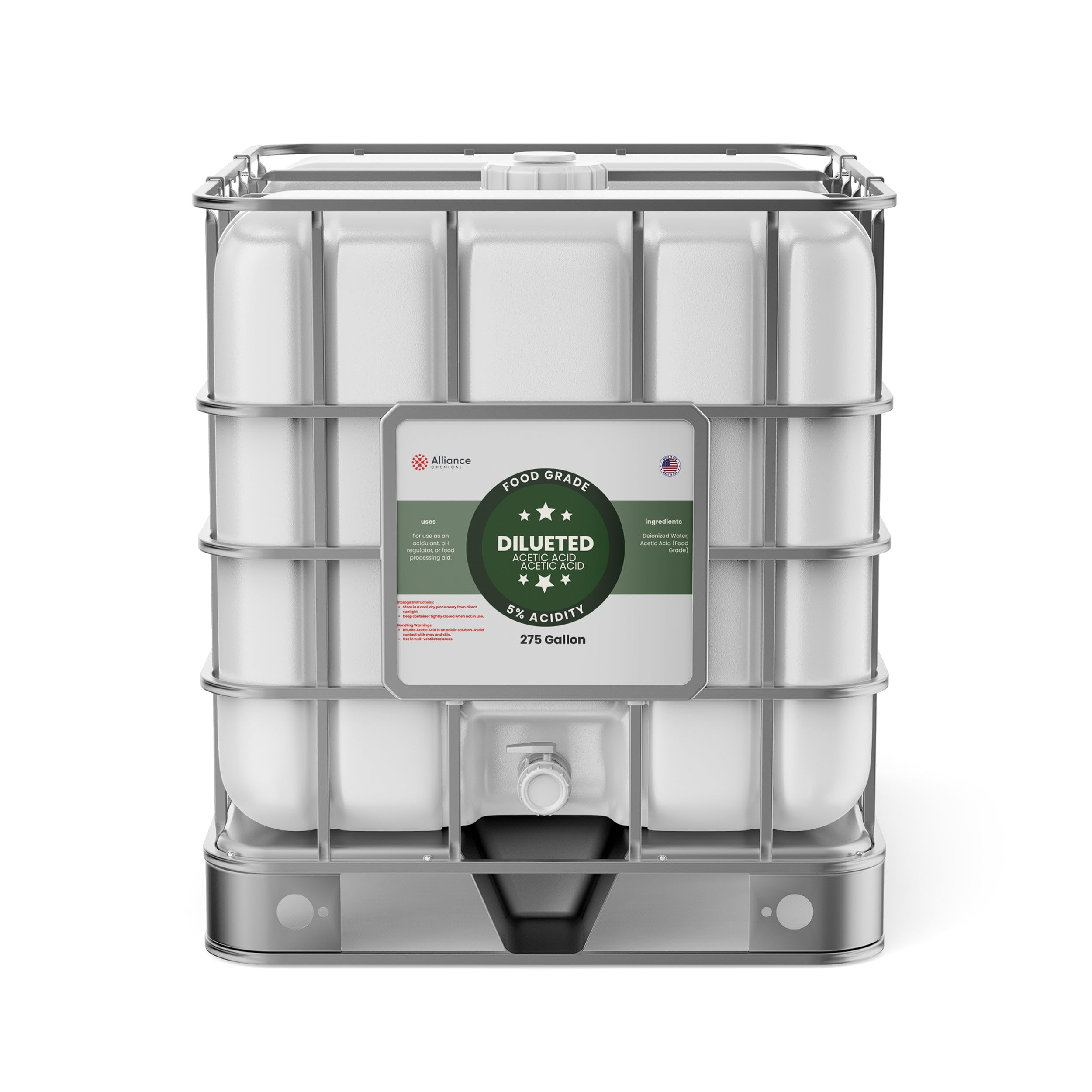 5% Diluted Acetic Acid Food Grade - 275 Gallon IBC Tote – for Industrial Cleaning, Metal Surface Preparation, pH Adjustment in Chemical processes, and as a Solvent in Manufacturing