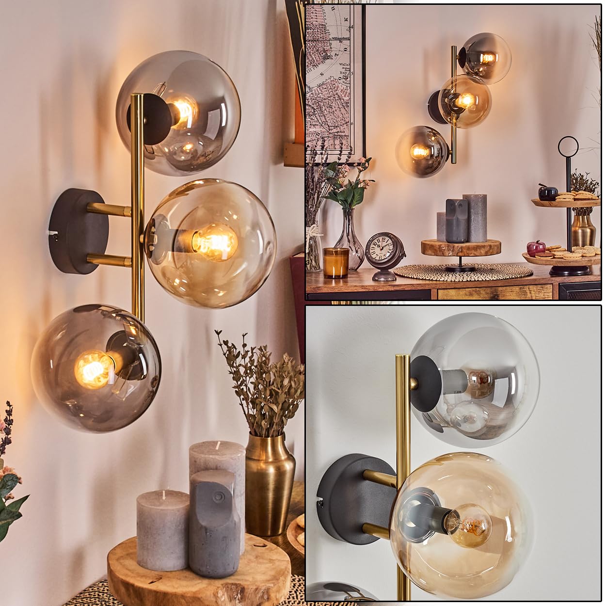 HOFSTEIN Wandleuchte Gastor, Wandlampe aus Metall/Glas in Schwarz/Gold/Rauch/Bernstein/Klar, Leuchte im Retro/Vintage-Design (Schirme Ø 15 cm), E14, Wohnzimmer, Schlafzimmer, Küche, Flur, Treppenhaus