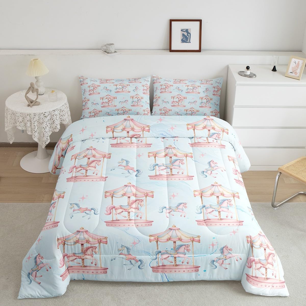 Manfei Unicorn Carousel Comforter Set King Size,Romantic Amusement Park Dreamy Horse Animal Bedding Set for Adults Room,Princess Style Fairy Tale Pink Blue Starry Comforter,3 Pcs 2 Pillowcases