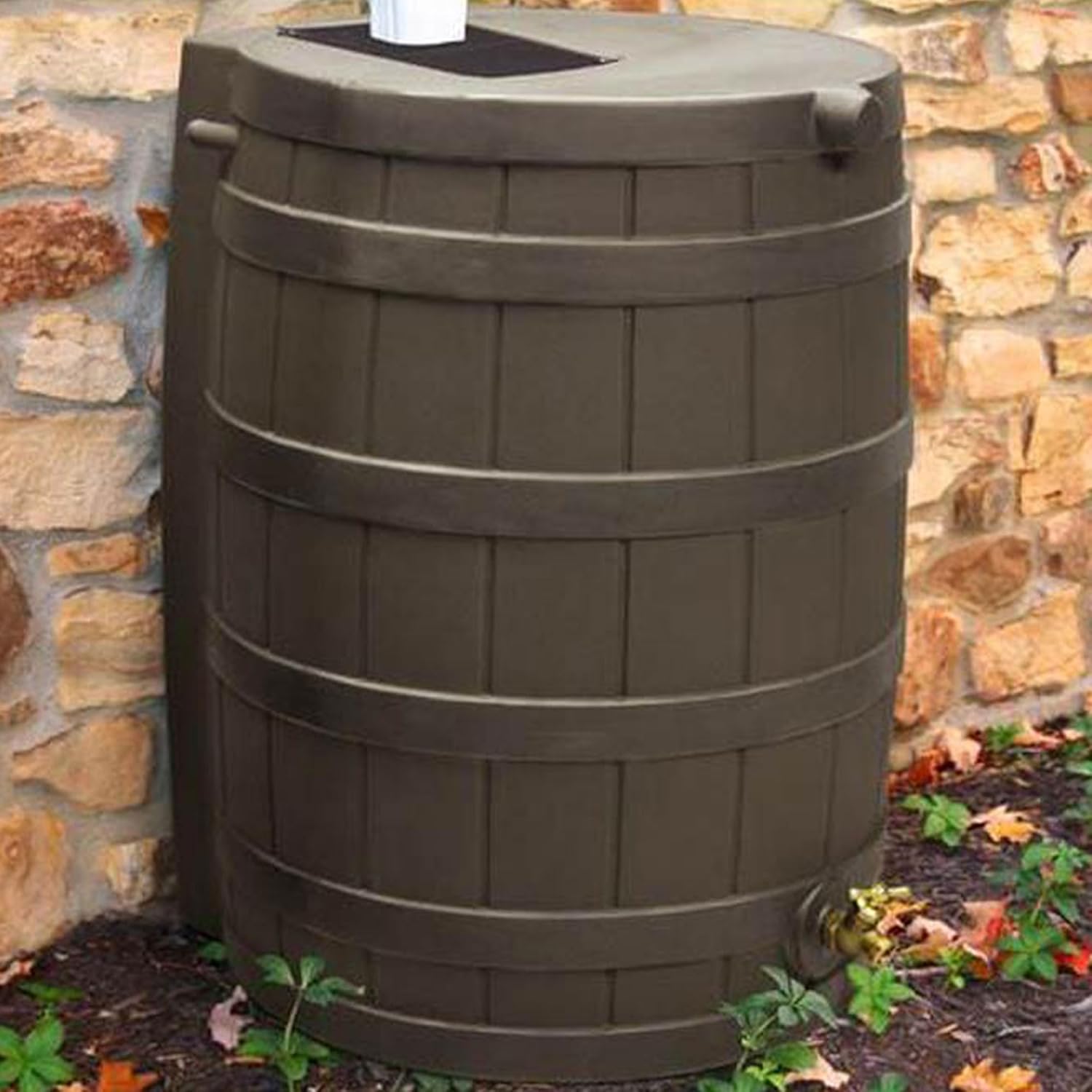 Good Ideas Rain Wizard 40 Gallon Plastic Outdoor Home Rain Water Storage Collection Barrel Drum with Brass Spigot, Oak (2 Pack)