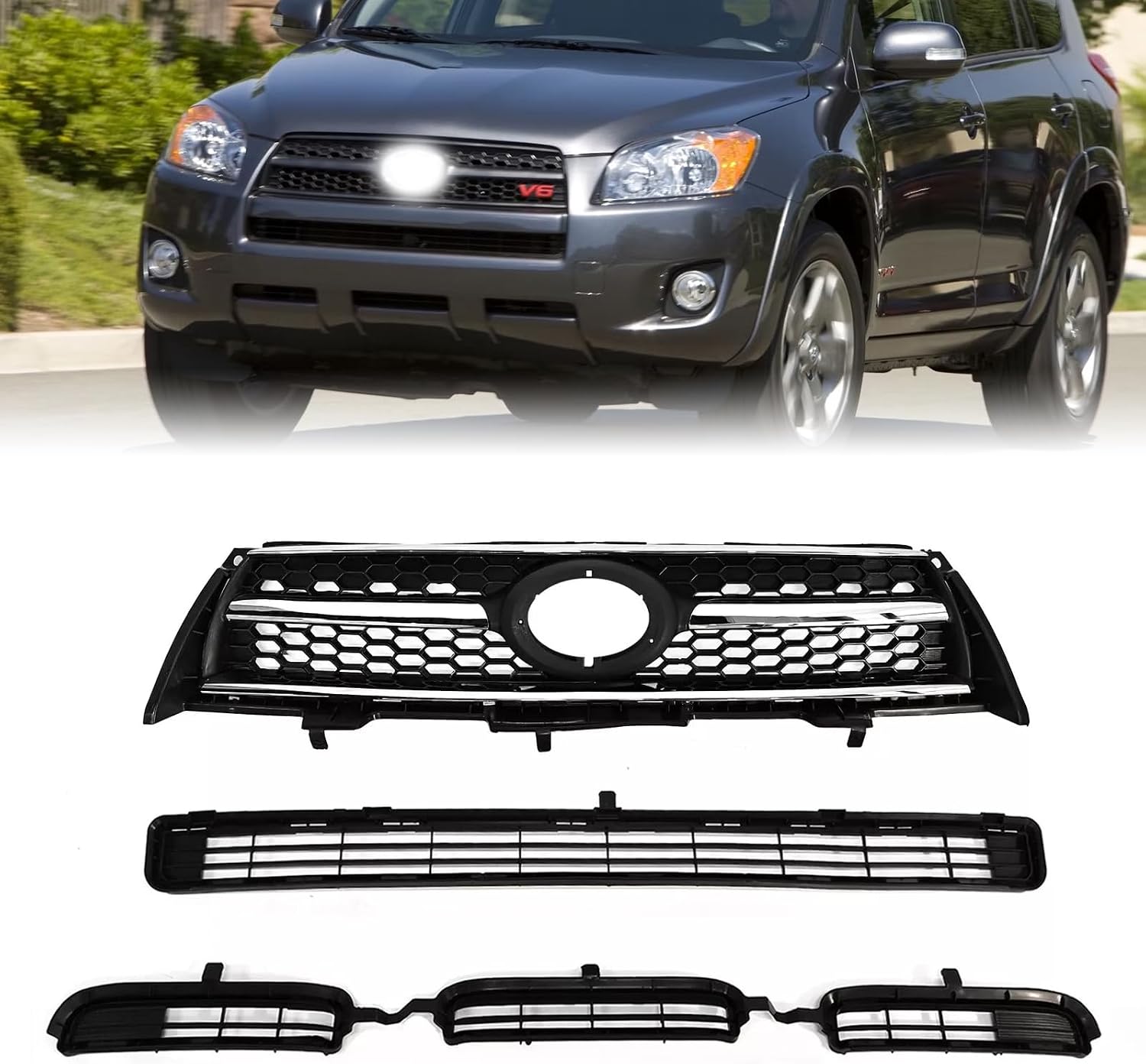 Front Upper Lower Bumper Grille For 2009 2010 2011 2012 Toyota RAV4 Base Sport 531010R010 531120R010 531130R010 Chrome Trim Black Grill