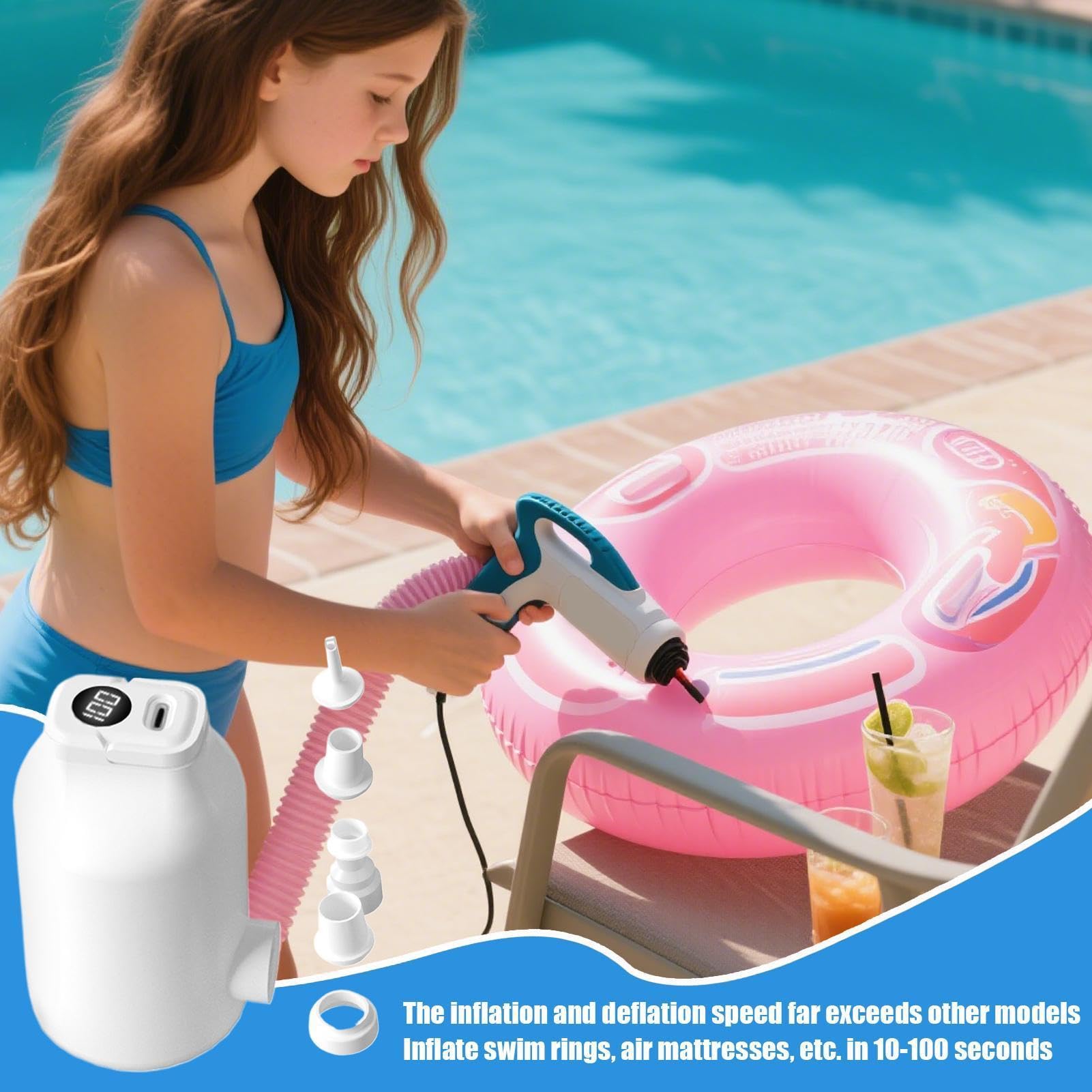 Pompe à air portable pour gonflables 4500 Pa avec 5 embouts, rechargeable | Mini pompe électrique gonflable pour sac de couchage, canapé, flotteurs, anneaux de natation, sacs