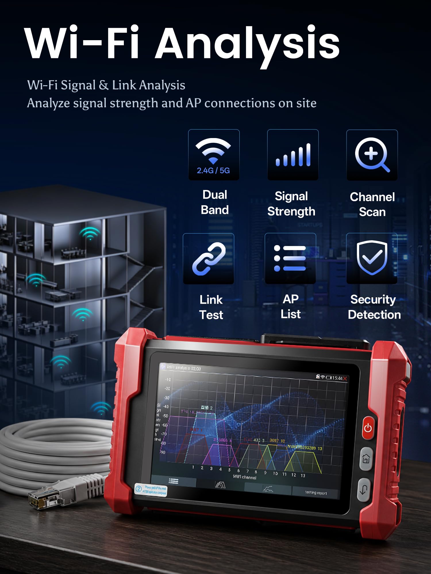 NOYAFA CCTV-Tester, 8 Zoll IPS Touchscreen, IP/CVBS/AHD/TVI/CVI Kamera Tester, 4K Video, PoE/12V/24V Ausgang, TDR Kabellängentest, Kabel-Tracker (optional), WiFi, RS485, NF-IPC728