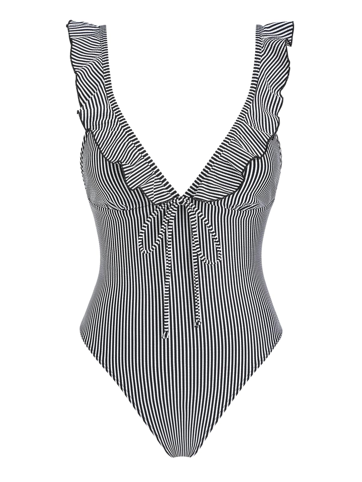 Photo 1 of Size M seamoly Vintage Striped Ruffles Trim Plunging Neck Backless Tie One Piece Swimsuit Women Black M