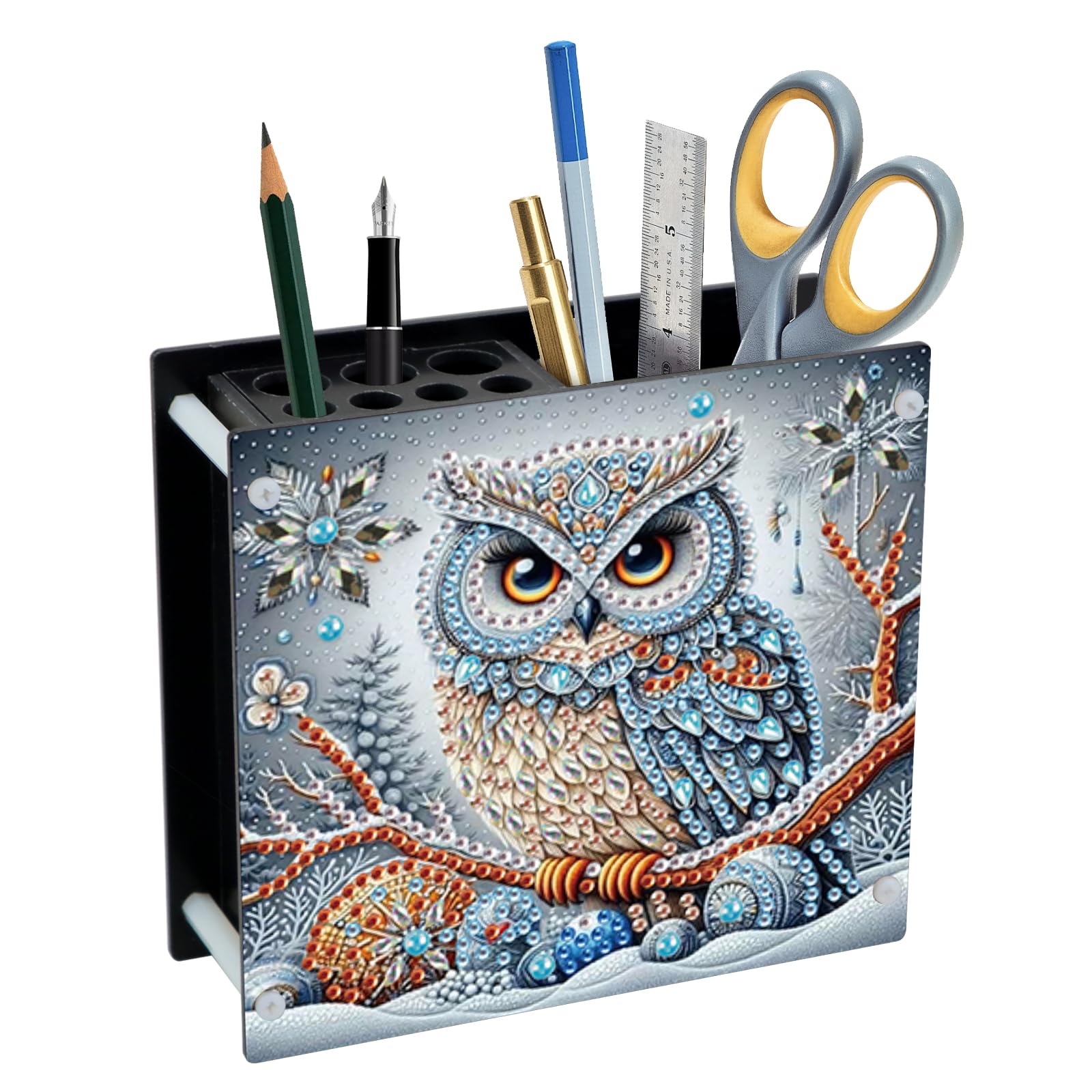 DIY 5D Diamond Painting Pen Holder, Snowy Winter Owl Pencil Holder for Seasonal Home Decor, Decorative Diamond Art Organizer for School, Office, and Home