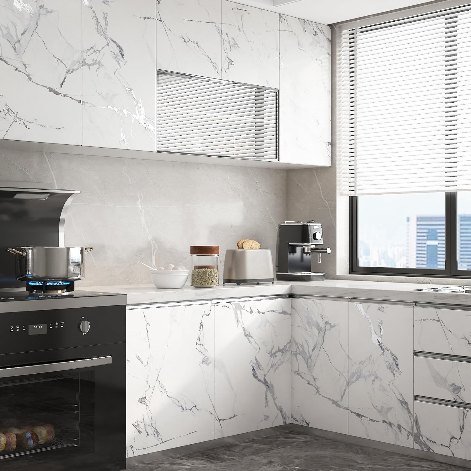 FunStick 60CM×5M Papel Pintado Baño Marmol Blanco Papel Adhesivo para Encimera Cocina Muebles Vinilo Adhesivo Marmol Blanco Plateado Vinilo Autoadhesivo Pared Salón Lavable Vinilos para Muebles Cocina