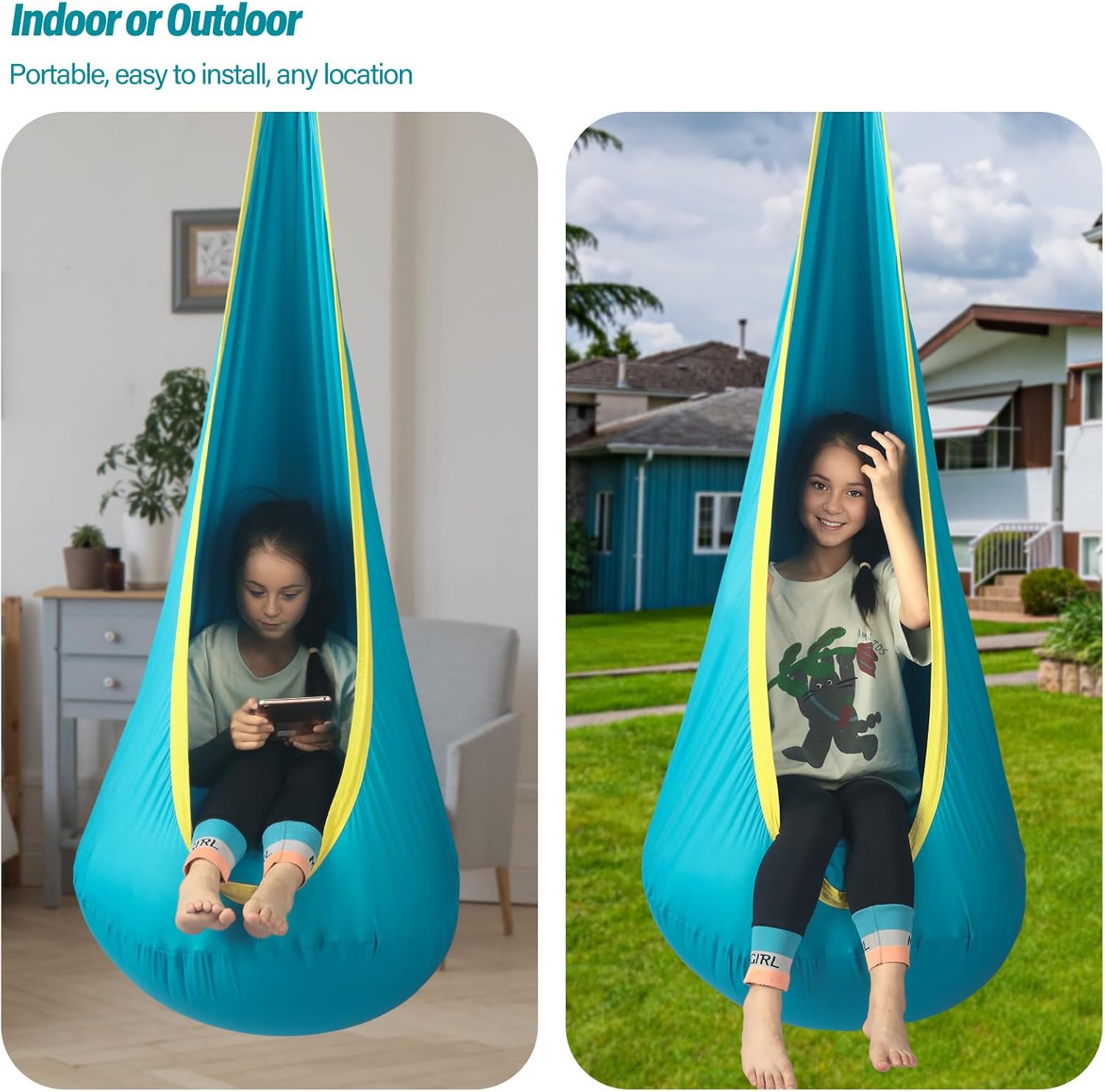 Kids Pod Swing Seat, Max 300 Lbs, Child Sensory Swing Chair Indoor & Outdoor Therapy Hammock Chair with Hanger Kit for Calming, Effect for Autism, ADHD or SPD. (Teal) - Image 7