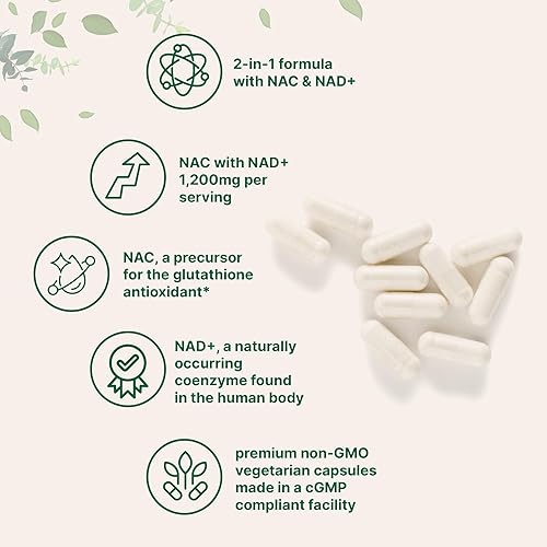 Miniatura 3 de Micro Ingredients NAC con NAD+, 240 cápsulas vegetarianas 1,200 mg por porción N-acetil-L-cisteína 2 en 1 con nicotinamida adenina dinucleótido