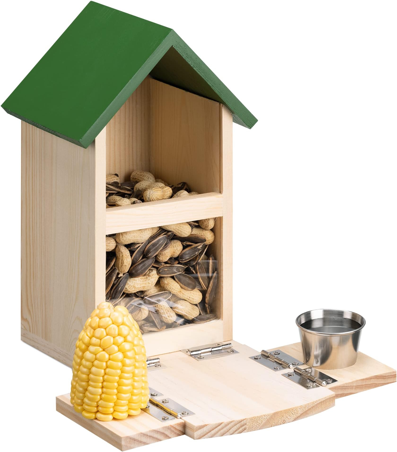 Navaris Wooden Squirrel Feeder - Pine Wood House For Garden - Nut Box Compartment And Water Bowl Platform to Feed Squirrels - Nuts Feeding Station