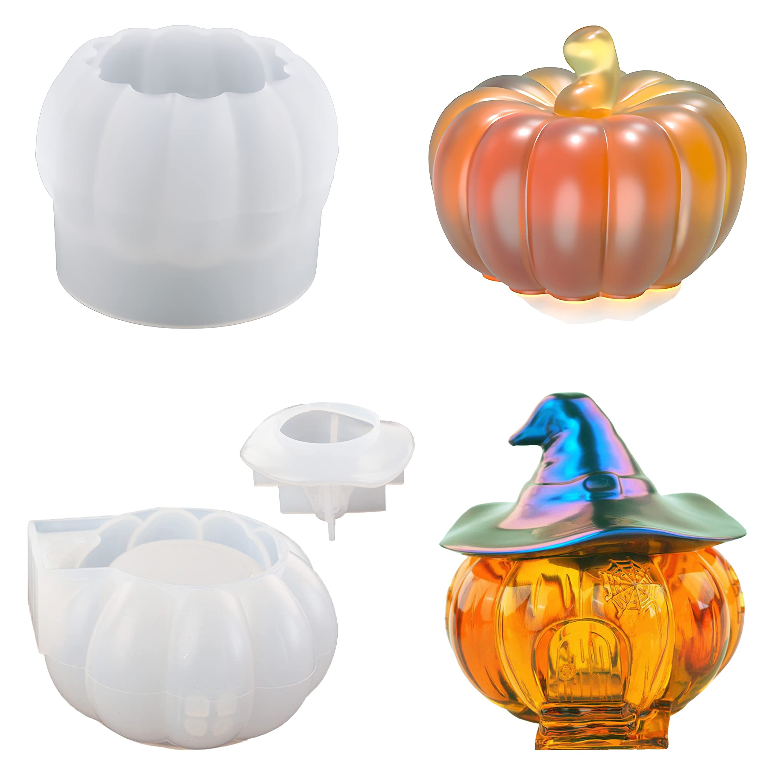 Halloween Pumpkin Resin Mold, Pumpkin Jar Silicone Resin Mold with Witch-Hat Lid, Pumpkin Hut Storage Candy Box, Pumpkin Container Silicone Mold for DIY Epoxy Resin, Soap Candle Mold, Home Decoration