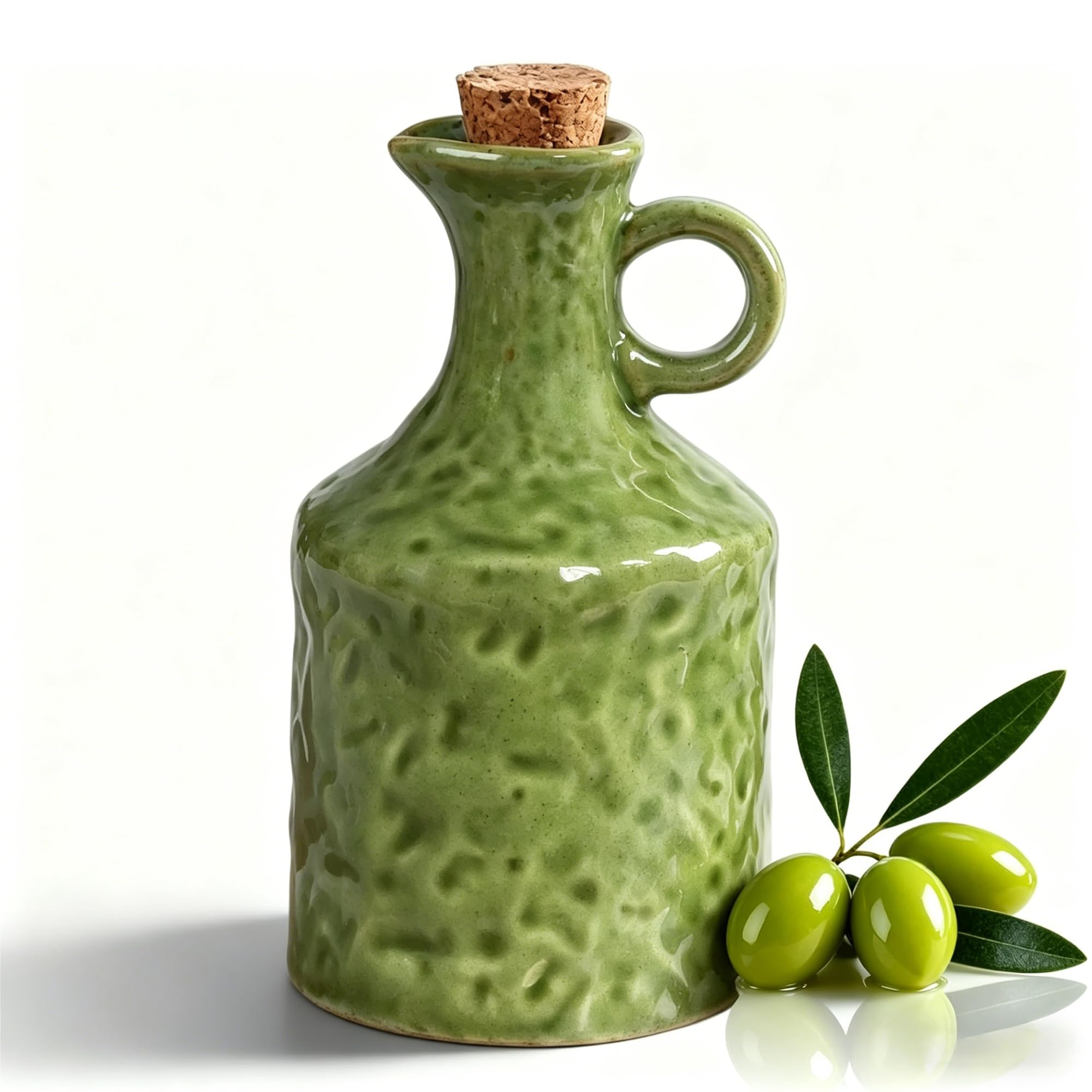 MuyuRise 13.5oz Olive Green Ceramic Olive Oil Dispenser with Cork Stopper