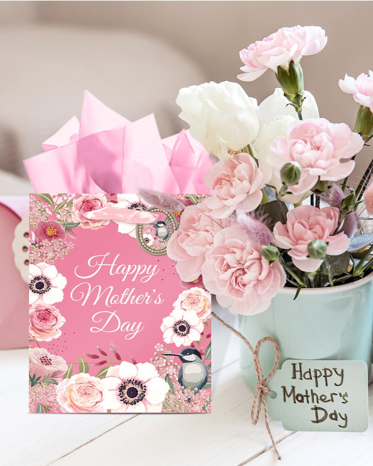 qiqee Mother's Day Gift Bags 4Pcs with Tissue Paper -7.9"x4.3"x9.6" Medium Size Cardboard Gift Bags（4pcs Bags +8pcs Tissue Paper ）