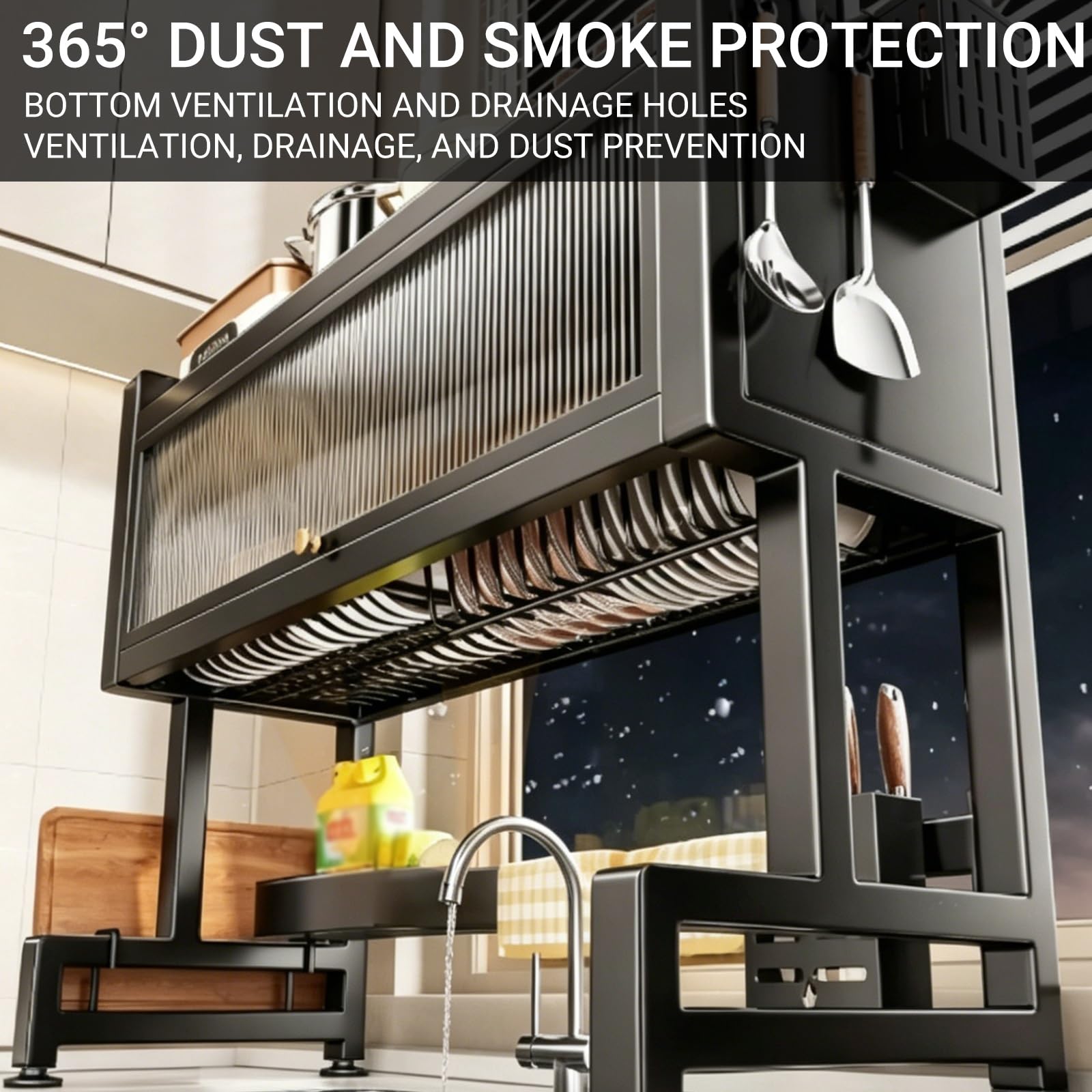 Escurridor de Platos para Colocar sobre el Fregadero, Organizador de Cocina de Acero al Carbono de 2 Niveles con Altura Ajustable, Ideal para Platos, ollas, Especias y Productos de Limpieza
