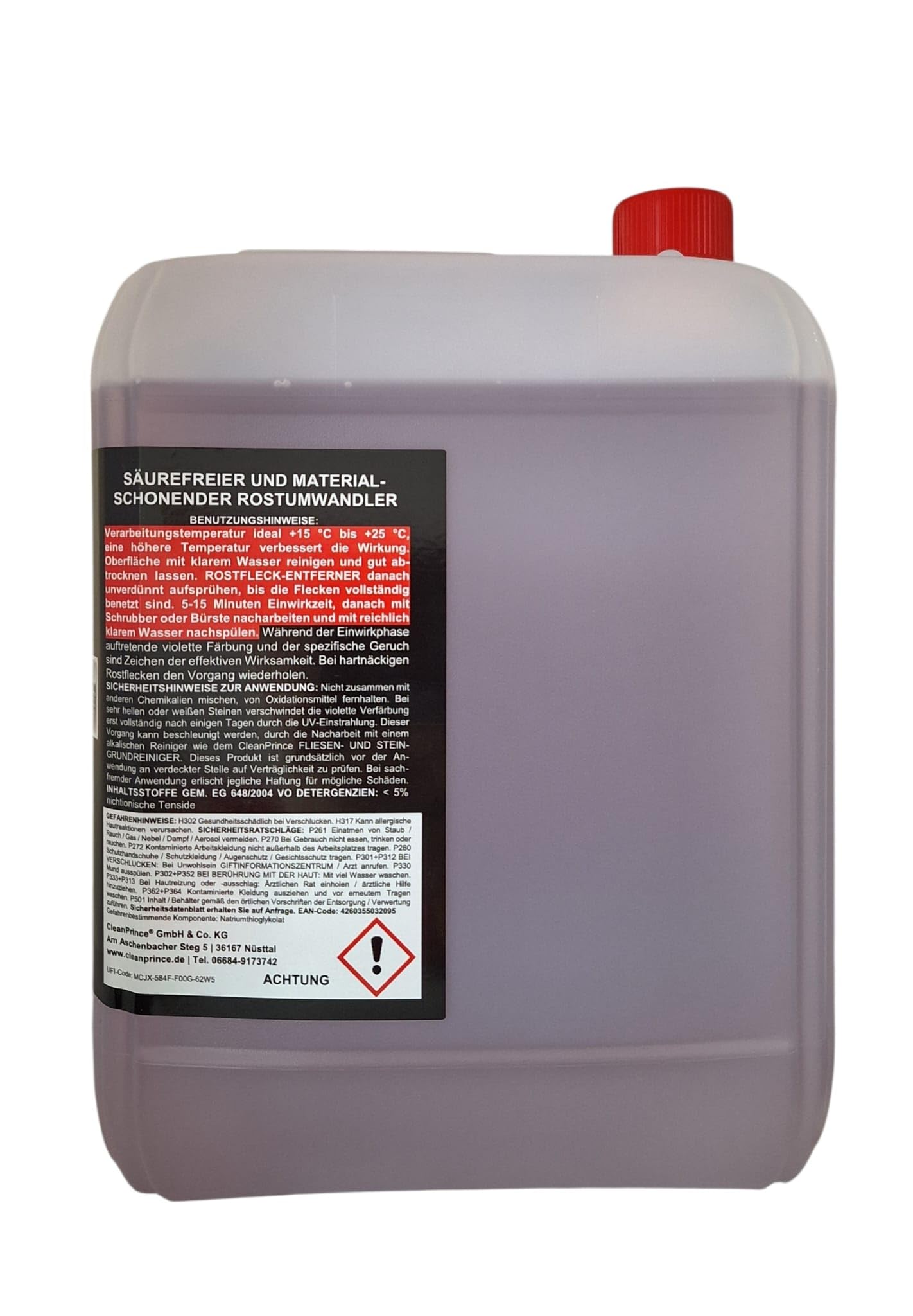 CleanPrince Manchas de Óxido - Eliminador 5 Litros Removedor Moho Limpiador Mármol Pizarra Clinker Piedra Arena Cuarcita Baldosas Cerámica Hormigón Libre Ácido