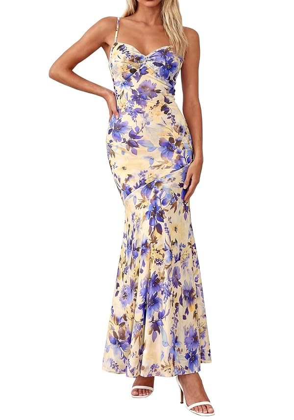 BTFBM Summer Dresses for Women 2026 Spaghetti Straps Sundress Twist Knot Mesh Mermaid Wedding Guest Dress Beach Vacation(Floral Apricot Blue, XX-Large) by BTFBM - Used condition - US$23.03
