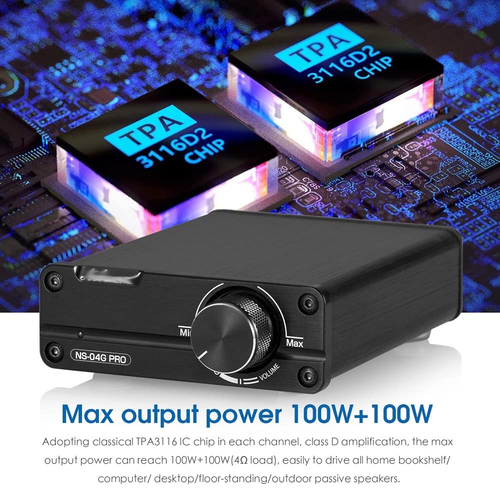 DLOETT Mini Amplificateur d'alimentation numérique HiFi Stéréo 2.0 Channel Classe D Amplificateur audio de bureau domestique 100W+100W