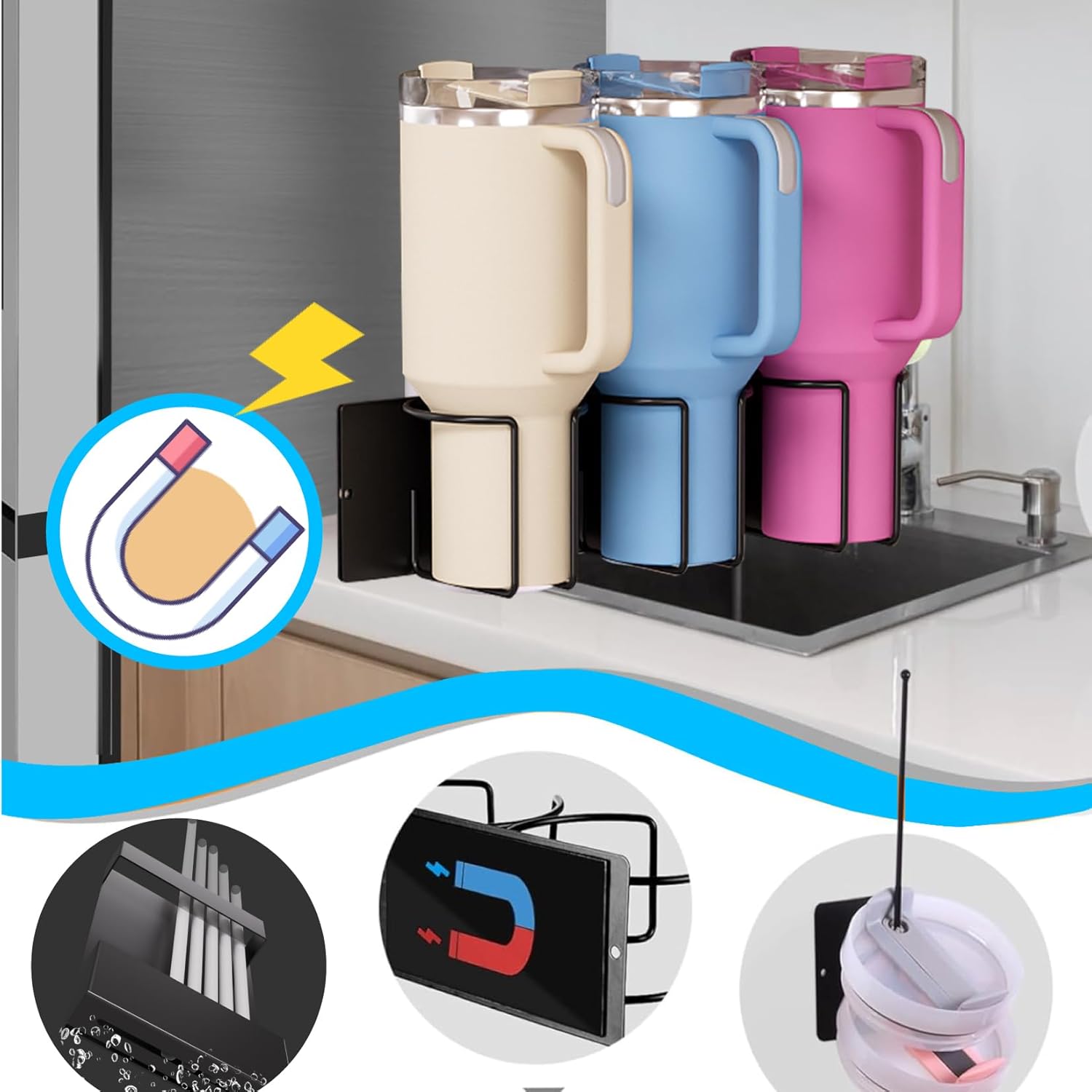 Magnetic Cup Holder Set - Universal Organizer Fits Stanley 20/30/40oz & All Cups up to 3.25 Inches Wide, Modular Rack with Lid and Straw Holders (White, 6 Cup)