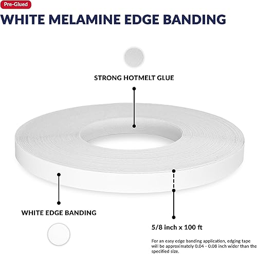 Miniatura 30 de Bandas de borde de melamina blanca de 1/2 pulgada x 25 pies para planchar con ribete adhesivo, reparación de gabinetes, estante laminado, mesa