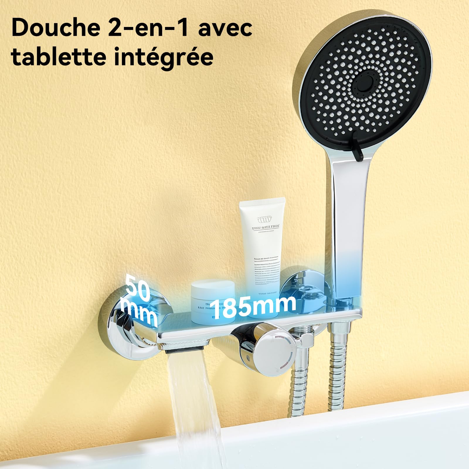 Auralum Mitigeur de Douche et Bain en Laiton Chrome - Robinet avec Bec Cascade Orientable, Douchette 5 Jets, Flexible Inox 1.5m et Tablette de Rangement Intégrée, Système de Douche de Rénovation