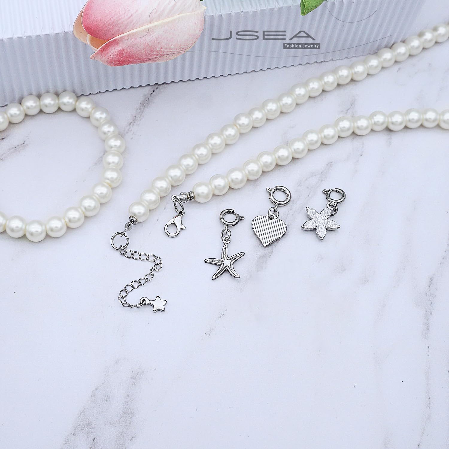 JSEA 8mm Faux Pearl Necklace Elastic Bracelet Jewelry Set Beige White Pink image 4