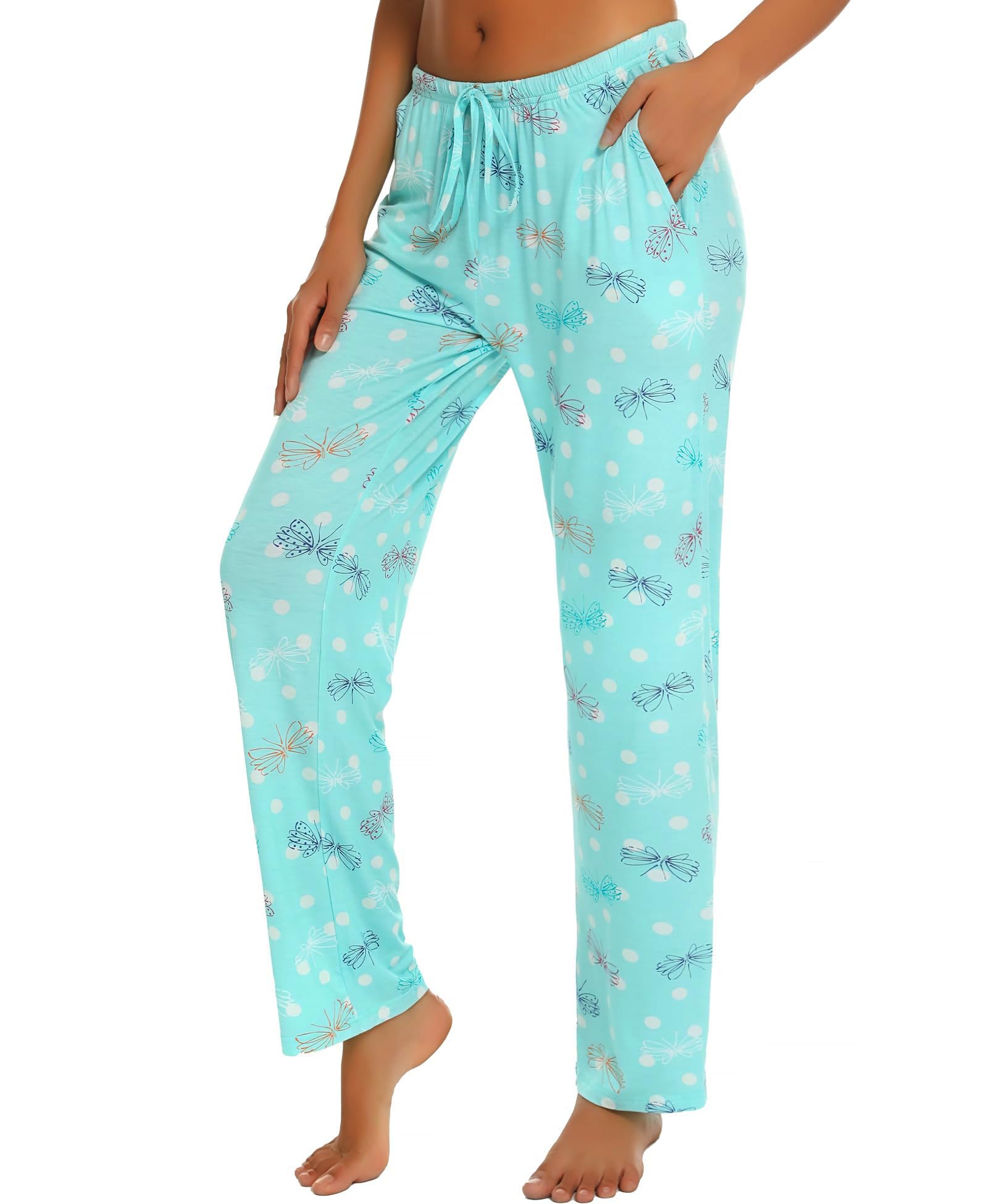 MIA LUCCE Pyjama Hose Schlafanzughose Damen Lang Bequeme Pyjama Hosen Relaxhose Haushose Damen mit Taschen Kordelzug S-XXL