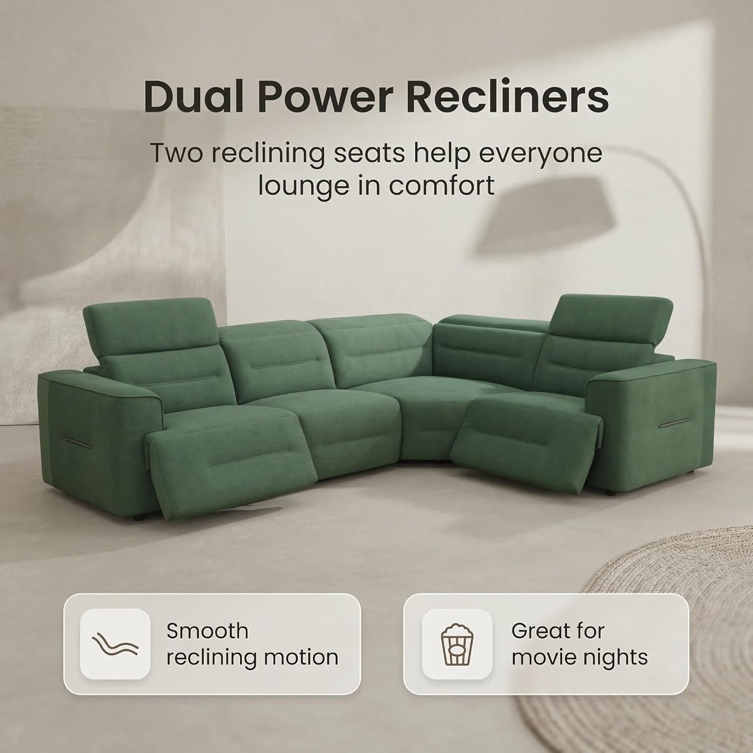 Power Reclining Sectional Sofa with USB Port & Adjustable Headrest, 4 Piece L-Shaped Flannel Recliner Sofa Set, Corner Living Room Sectional Couch with High Density Foam & Solid Wood Frame