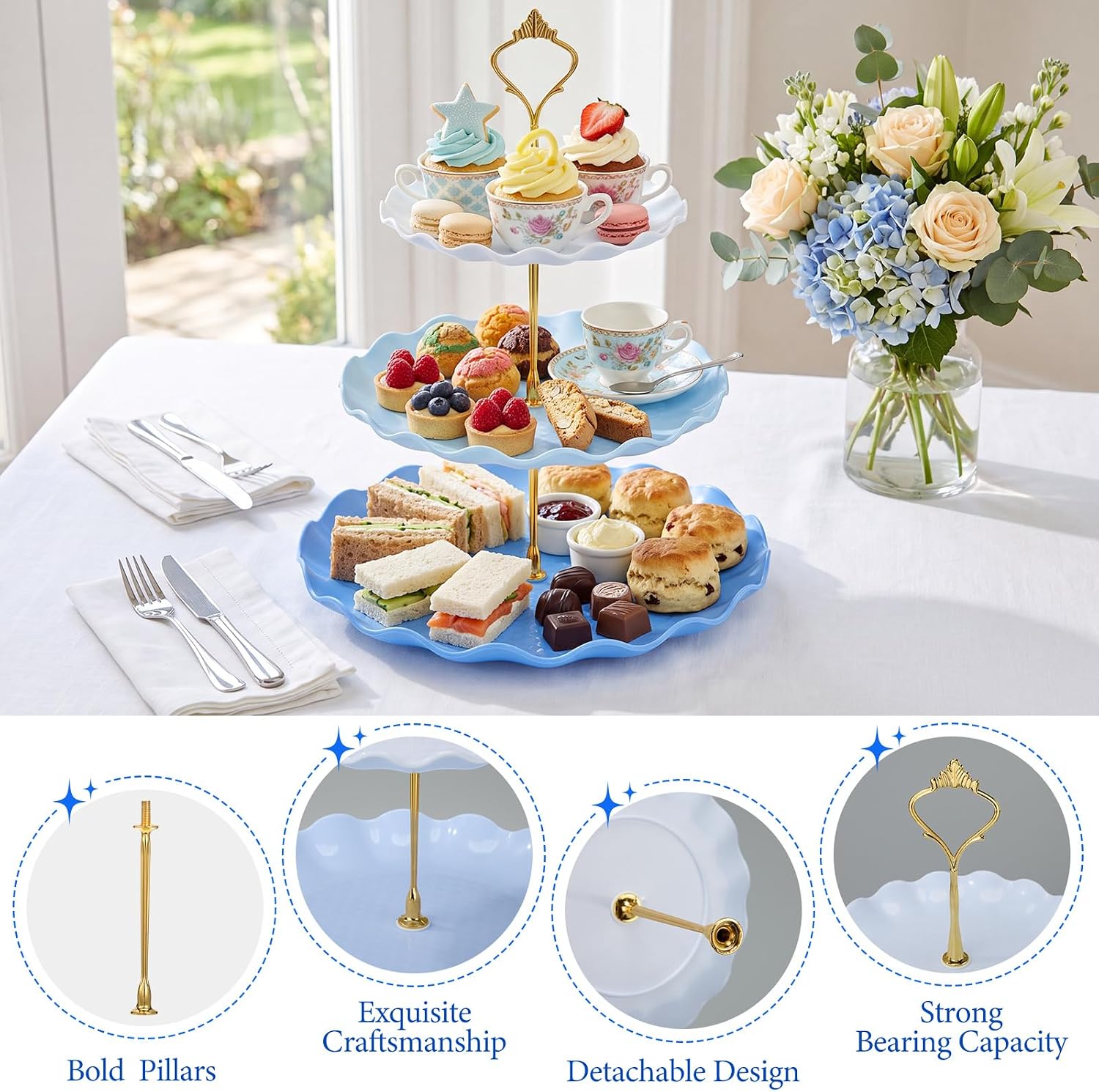 FoldTier 6 Pack Cupcake Stand Set 3 Pcs 3 Tier Gradient Dessert Table Display Stands Cookie Tray Rack 3 X14 in Rectangle Party Trays for Wedding Birthday Tea Party Baby Shower(Blue,Round)