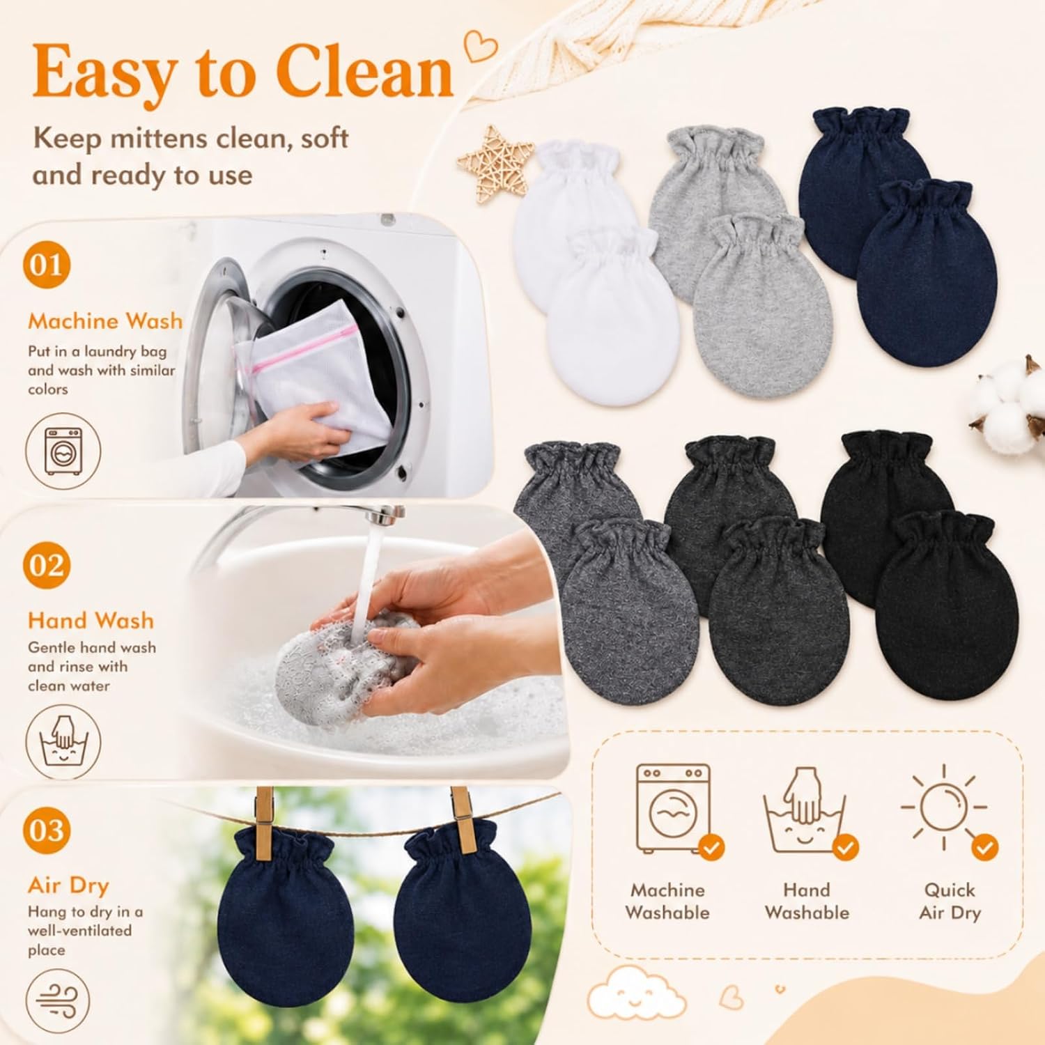 Syhood 6 Pairs Baby Mittens Newborn Infant No Scratch Cotton