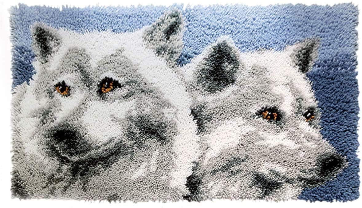 YAKOLECI Latch Hook Kits for Adults, Pre-Printed Handmade Rug Crochet Yarns DIY Door Mat Kits for Home Decor Festival Gift 19.6''X11.8'' (Wolves)