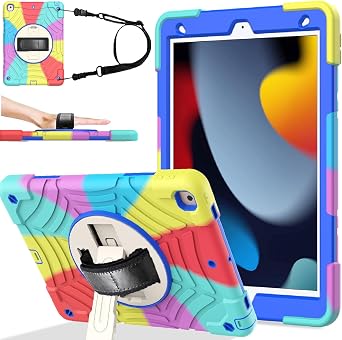 BMOUO Case for iPad 9th/8th/7th Generation 10.2", Shockproof Rotating Stand Shoulder Hand Strap for iPad 9th/8th/7th Gen Case with Pencil Holder for iPad 10.2 inch 2021/2020/2019 - Colorful
