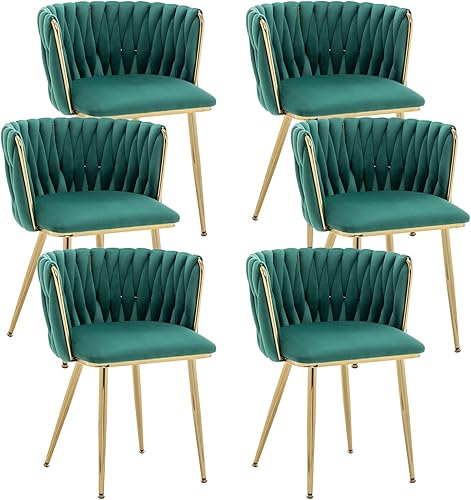 Miniatura 14 de Kiztir Juego de 4 sillas de comedor de terciopelo modernas tapizadas con respaldo tejido y patas de metal dorado para sala de estar, dormitorio,