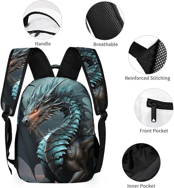 Cool Dragon Backpack Set 3 Piece, Durable Backpack Insulated Lunch Bag Portable Pencil Case for Men Women