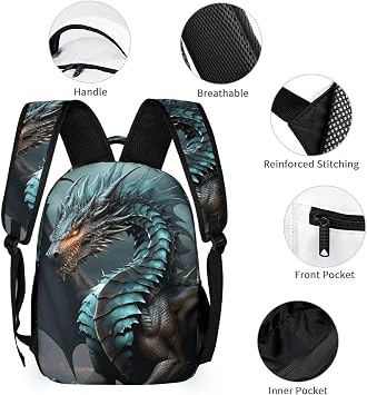 Cool Dragon Backpack Set 3 Piece, Durable Backpack Insulated Lunch Bag Portable Pencil Case for Men Women