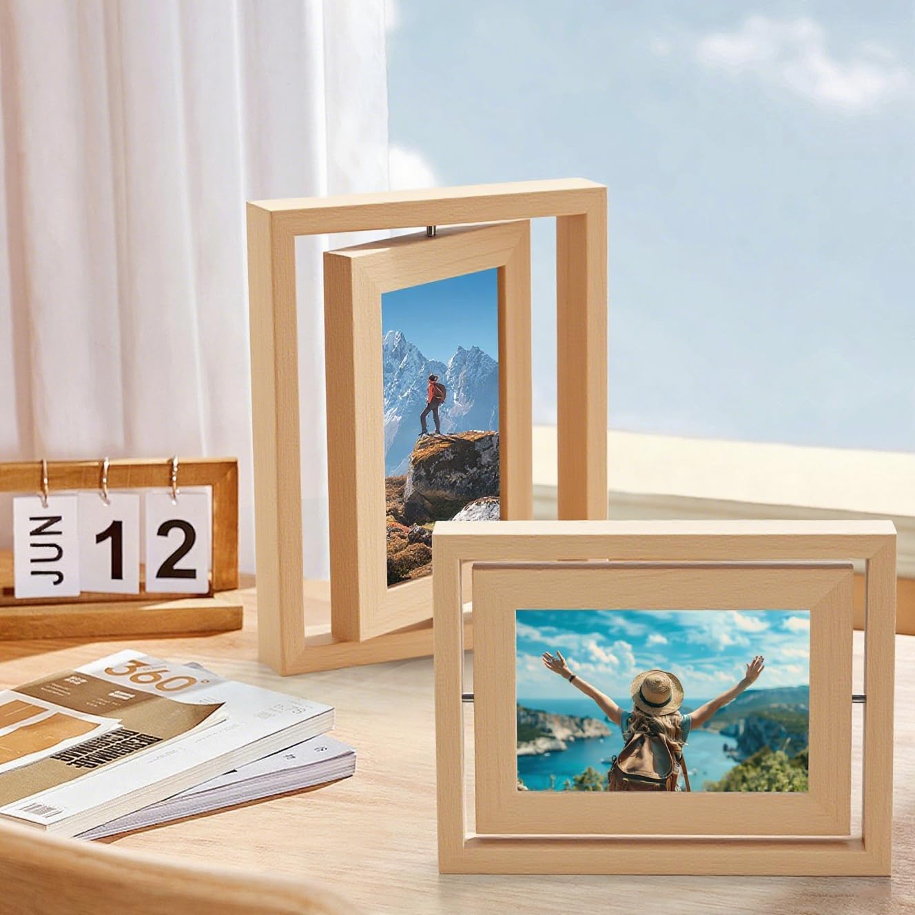 2 Pack 4x6 Rotating Floating Picture Frames, Natural Wood Floating Photo Frame Double-Sided Display with Crystal Glass for Tabletop, Desk or Shelf