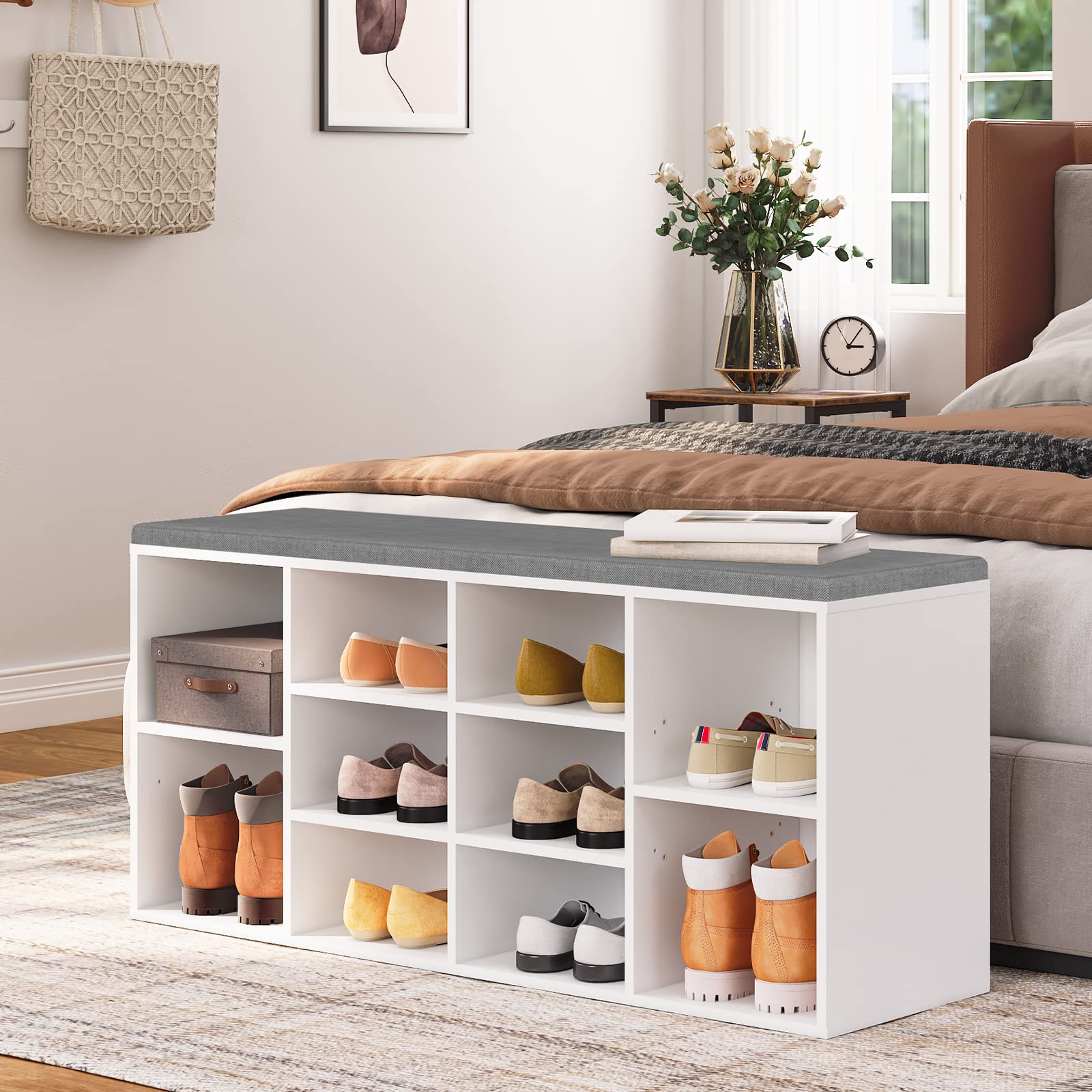 HOOBRO Schuhbank mit 10 Fächern, Schuhregal Set, Schuhregal mit gepolsterter Sitzbank mit Stauraum, Wandgarderobe mit 9 Haken, Schuhschrank für Flur, Eingangsbereich, Schlafzimmer EWT110HX01