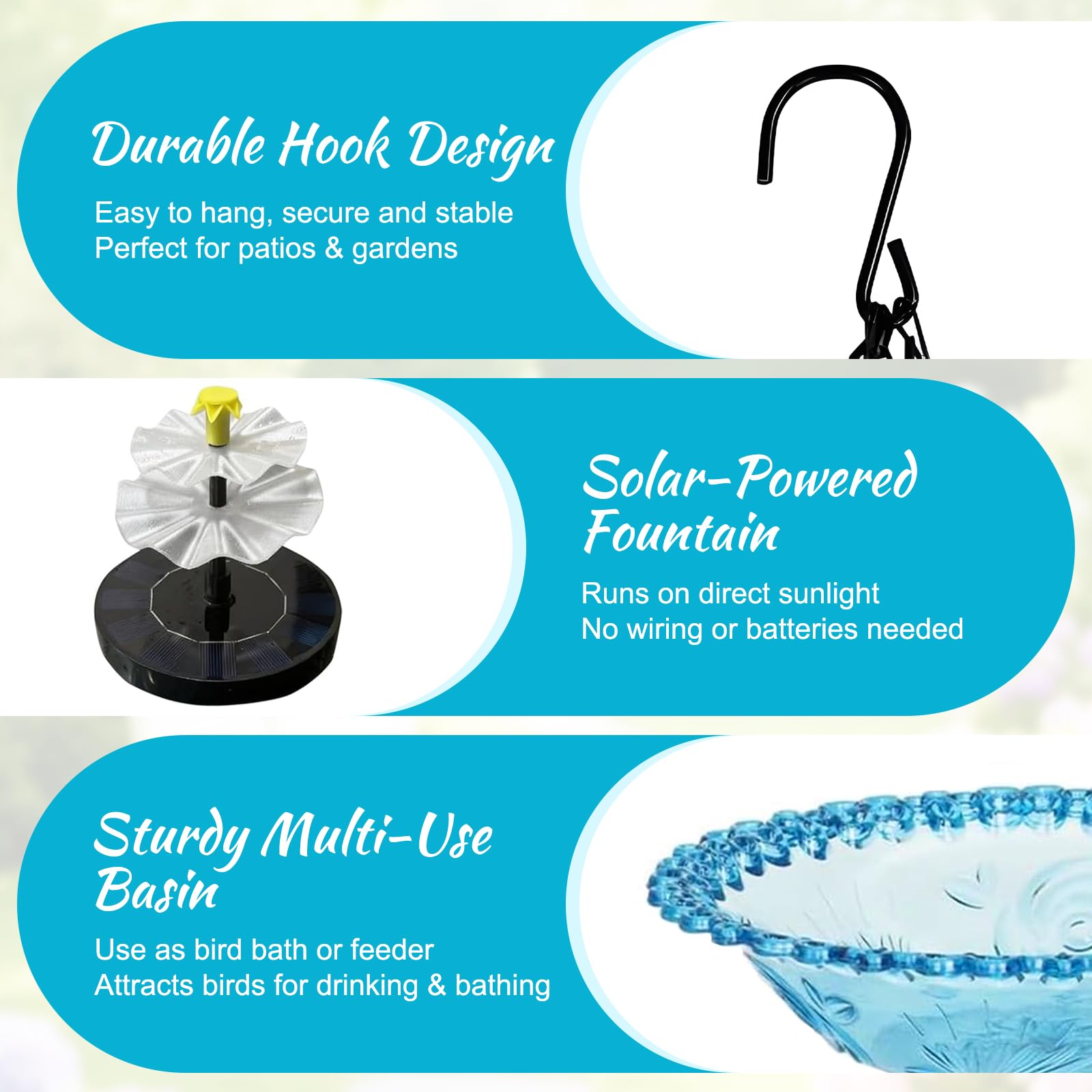 Bain d'oiseaux solaire avec fontaine, fontaine à oiseaux, pour jardin, balcon, bain d'oiseaux, suspendu avec chaînes en métal, jeu d'eau d'extérieur pour oiseaux (bleu)