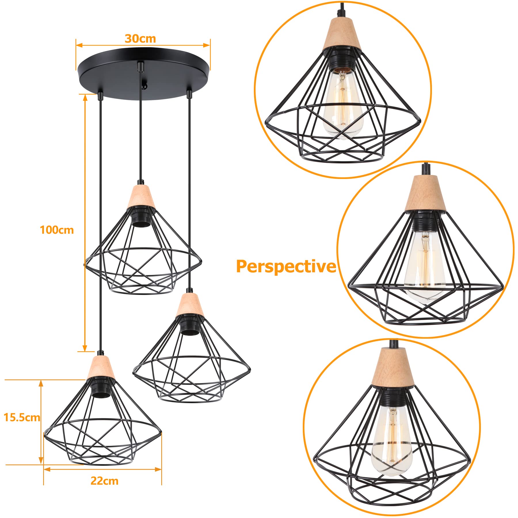 iDEGU 3-flammig Pendelleuchte Industrielle Hängelampe aus Holz und Metall Vintage Lampe mit 22cm Geometrischem Käfig Schwarz E27 Retro Hängeleuchte für Esszimmer Wohnzimmer Küche (3-flammig, Rondell)