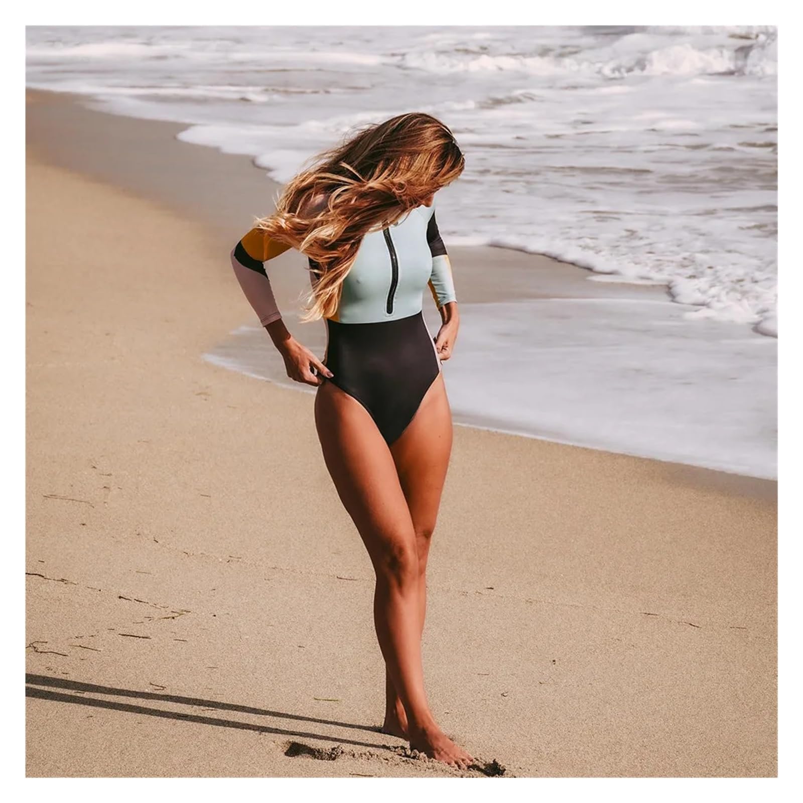 Bañador Mujer con Pierna Traje de baño de Mujer de Manga Larga con Cremallera y Cuello Redondo, Traje de Surf de una Pieza con Bloques de Color y Cintura Alta.(S)