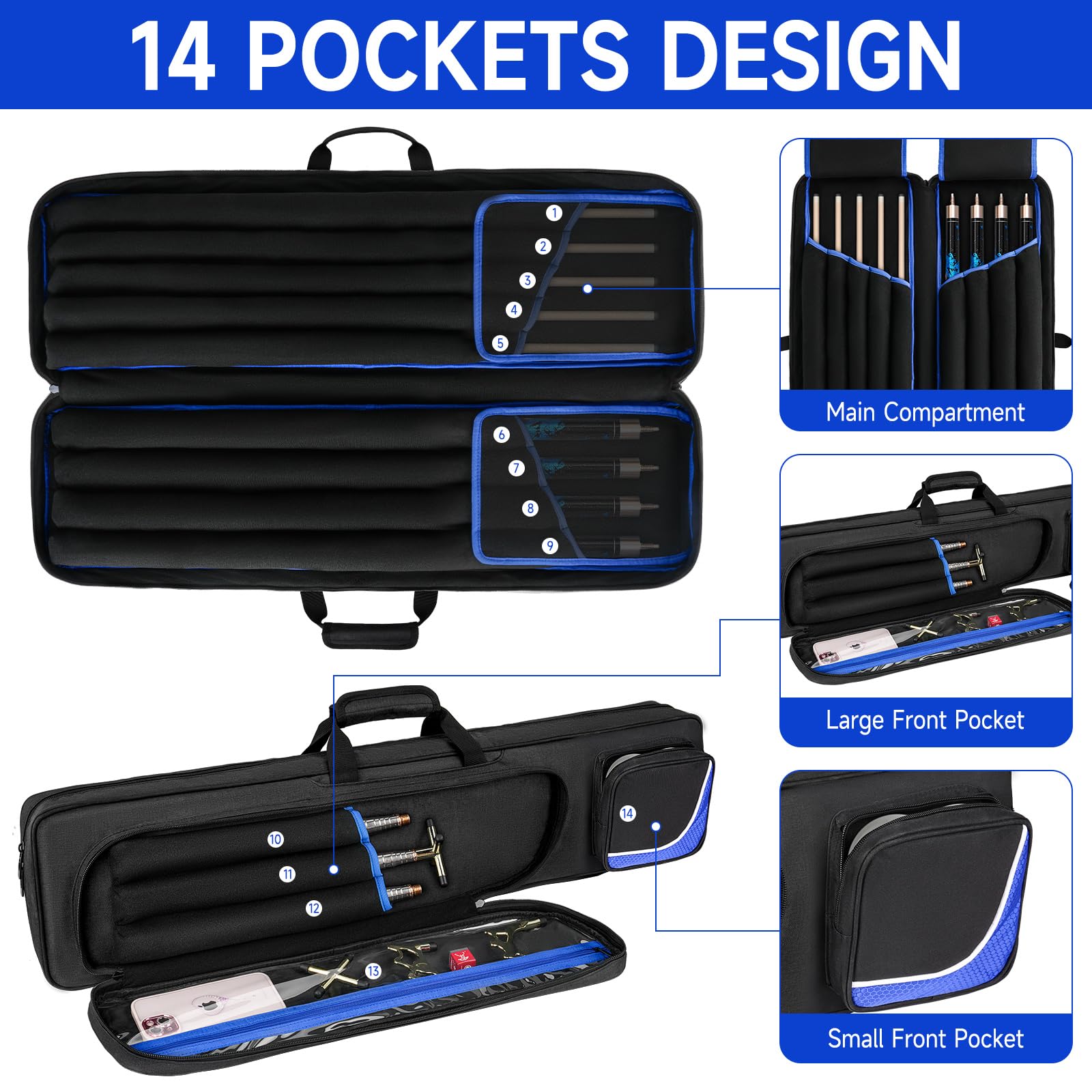Billardqueue-Tasche für 4 x 5, Pool-Stick-Tragetasche für 4 Hintern und 5 Schäfte, Billardqueue-Tasche mit 14 Taschen und Schultergurten