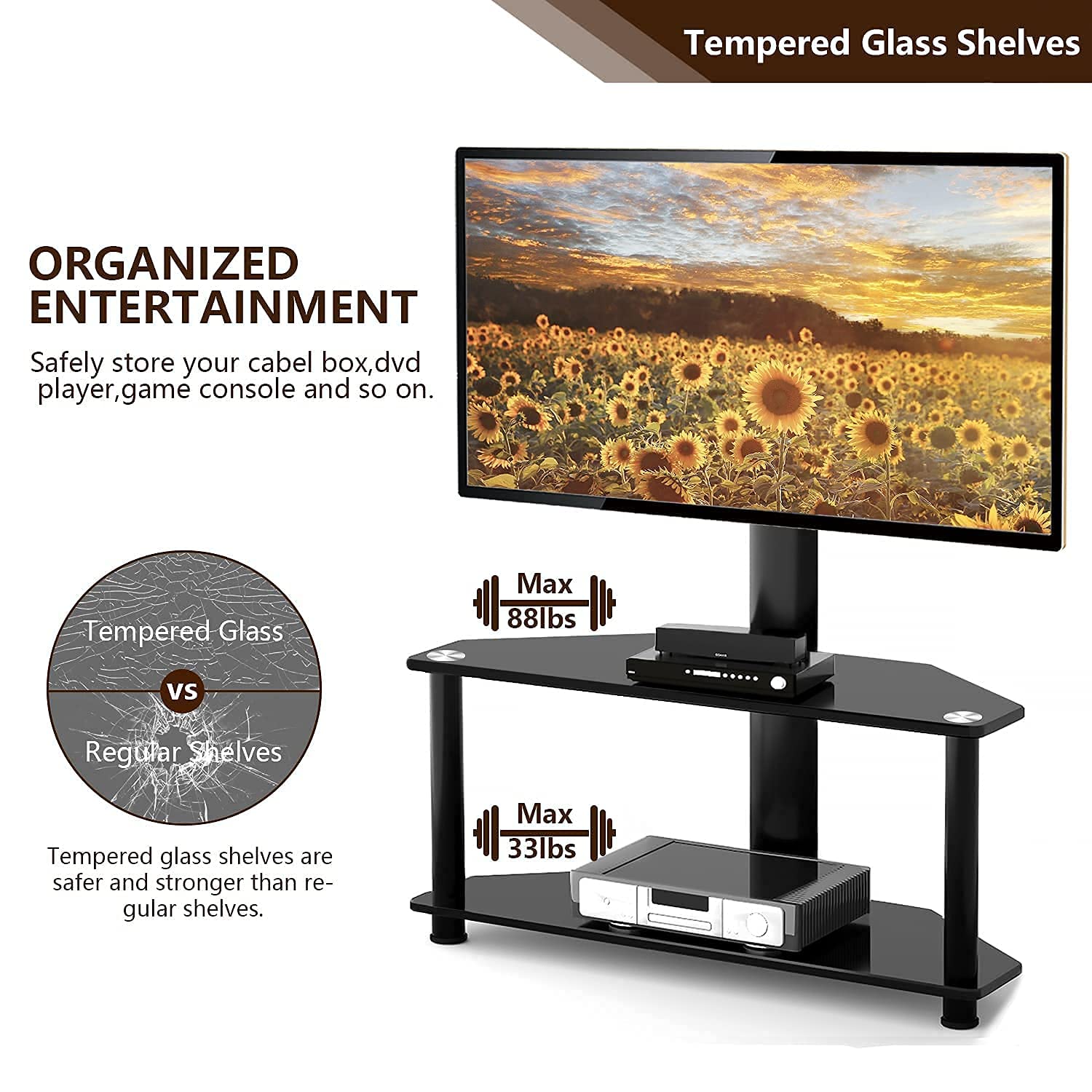 Buy TAVR Glass Corner TV Stand with Swivel Mount and Height Adjustable