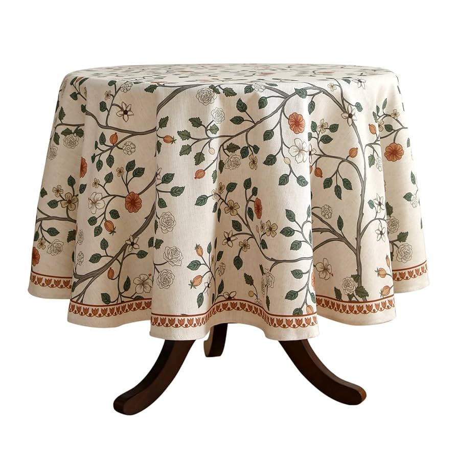 French Tablecloth for Round Tables,Linen Table Cloth with Colorful Flowers and Leaves Pattern,Heavy Durable Table Cover for Dining Thanksgiving Kitchen Decor Party Christmas,Diameter 67"