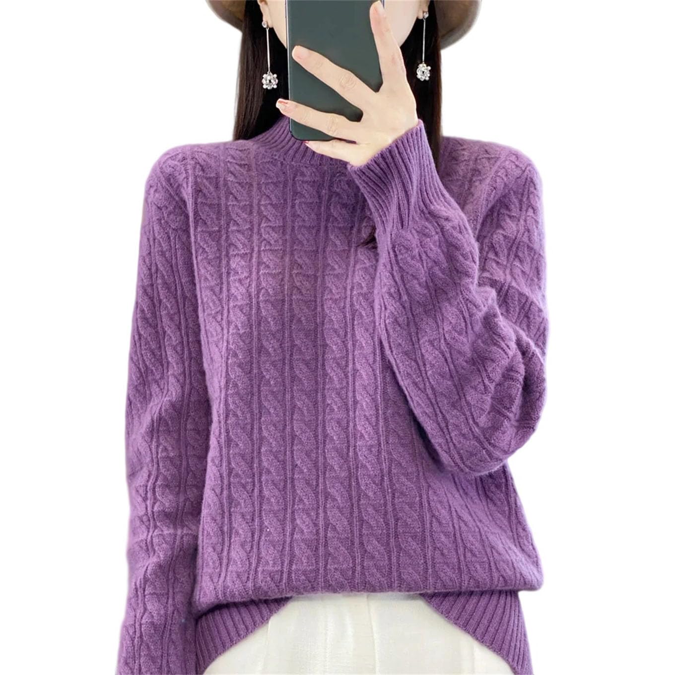 Maglione invernale da donna in lana, spesso, caldo, con collo a lupetto intrecciato