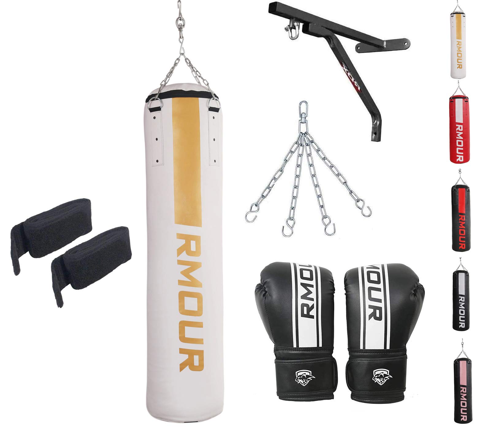 IWIN RMOUR Heavy PU Unfilled MMA Sparring Punching Training Kick Boxing Muay Thai Punch Bag with Hanging Chain and Heavy Duty Wall Mounted Stand, Gloves & Hand Wraps (4 Feet, White Golden) (B08XYZH61B) Amazon Price History, Amazon Price Tracker