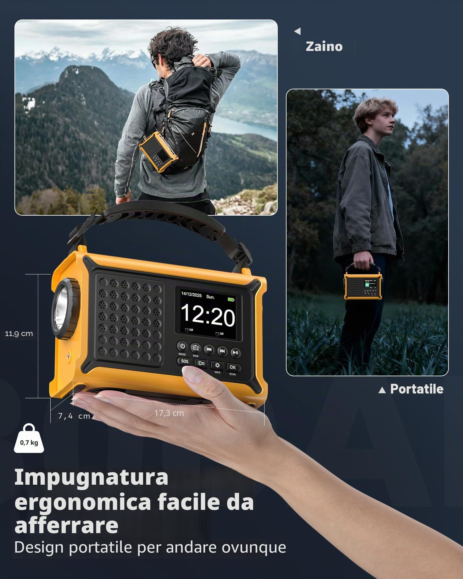 Radio a manovella da 12000 mAh, DAB+/FM, radio di emergenza con pannello solare da 8500 mm² e dinamo a manovella da 650 mA, radio solare con Bluetooth 5.0, torcia e caricabatterie, USB, SOS, radio