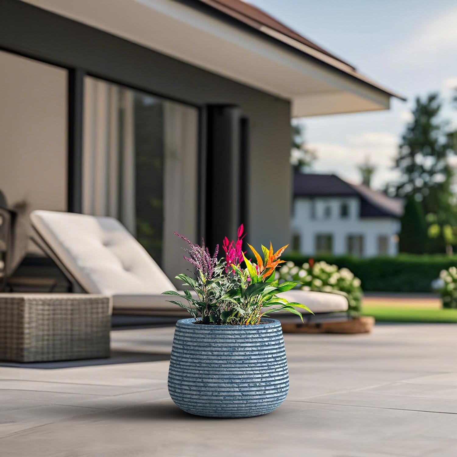 Round Concrete Planter, 18.1 Inch Dia Mineral-Toned Surface Plant Pot with Drainage Hole and Plug, Ideal for Succulents, Flowers and Trees for Porch, Patio or Home, Celestial Blue Vein